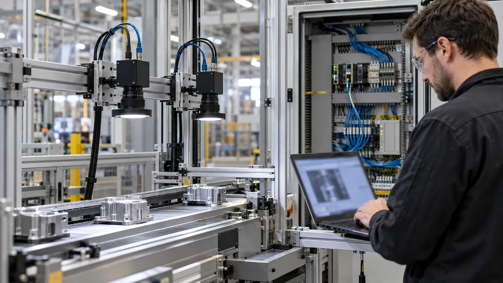 Illustrative factory inspection station with two industrial cameras, Ethernet cabling and a control cabinet for a Precision Time Protocol application
