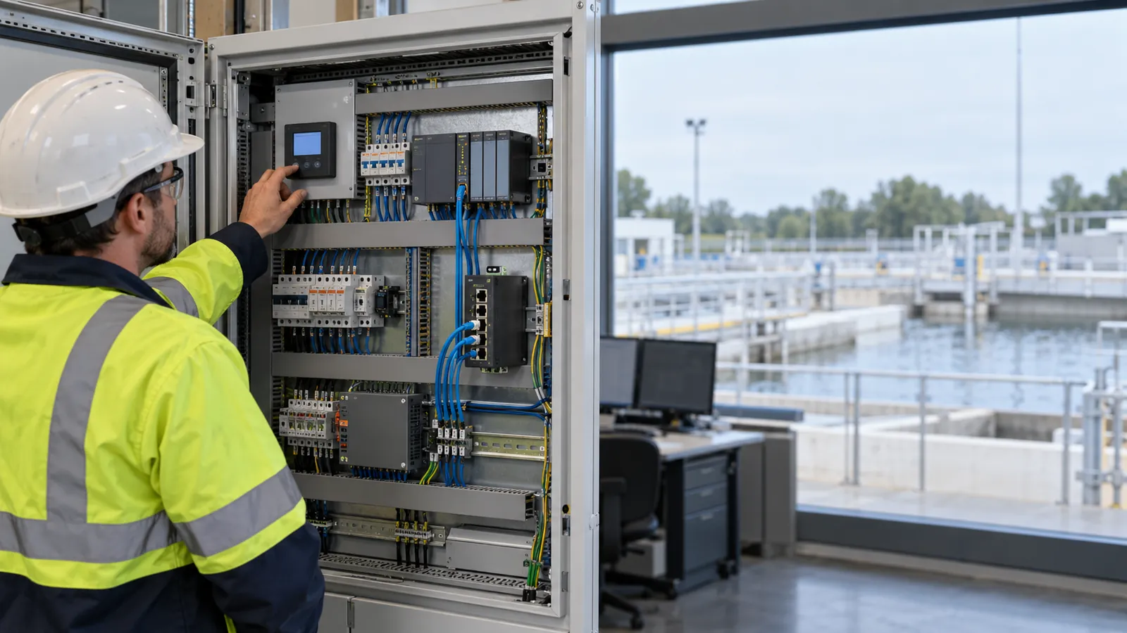 water-treatment control cabinet with a technician reviewing power monitoring near a DIN-rail Ethernet switch and PLC
