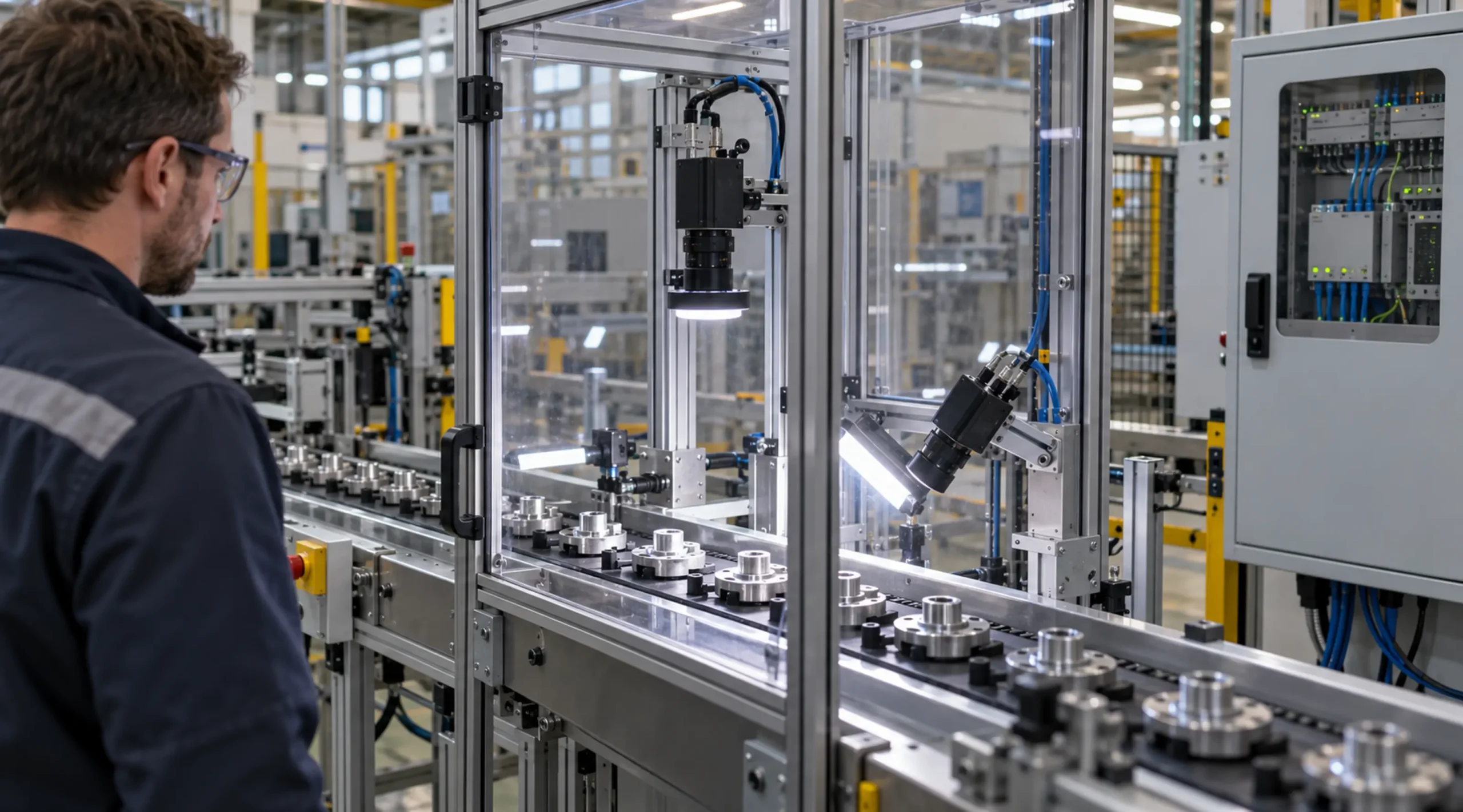 Multi-camera inspection line with a conveyor and industrial control cabinet illustrating application-event verification for Precision Time Protocol accuracy