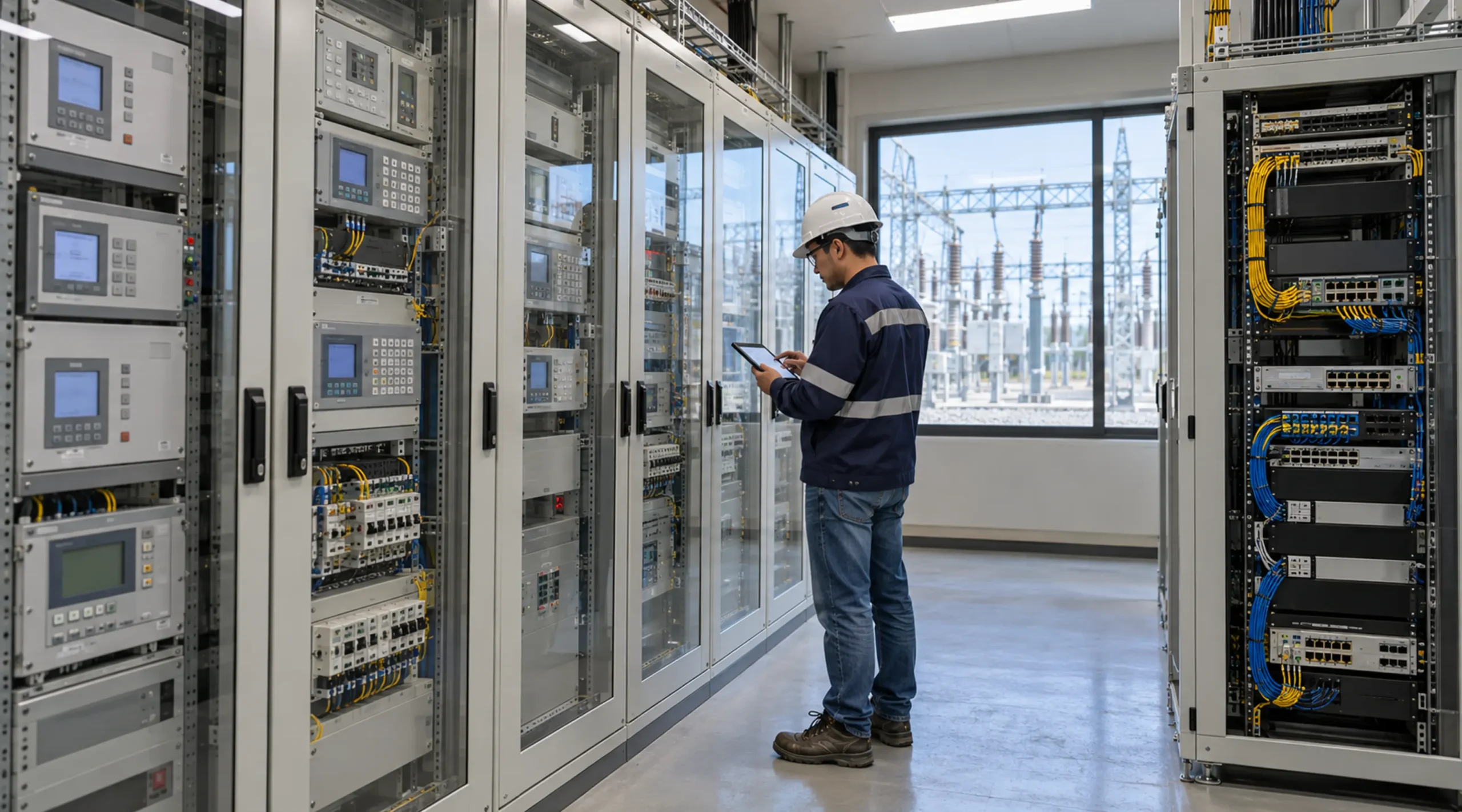 Substation automation control room with protection cubicles and a communications rack illustrating the installation context for choosing an industrial PTP switch